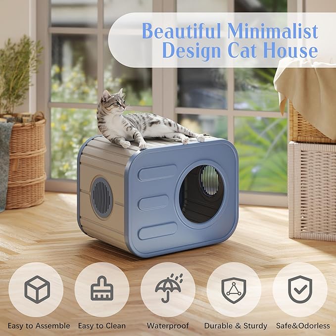 Insulated Outdoor Cat House,Plastic Feral Cat Houses for Outdoor Indoor Cats with Camera Appearance & Large Door,Stackable Cat Houses & Condos,Spacious Cat Bed Cave,Easy to Clean,Blue