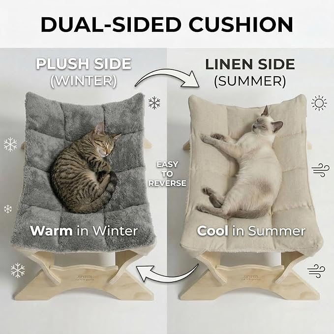 JSPYFITS Elevated Cat Bed Hammock, Raised Orthopedic Dog Bed with Dual-Sided Plush & Linen Cushion, Modern Cat Furniture for Medium to Large Cats, Easy Assembly(Gray)