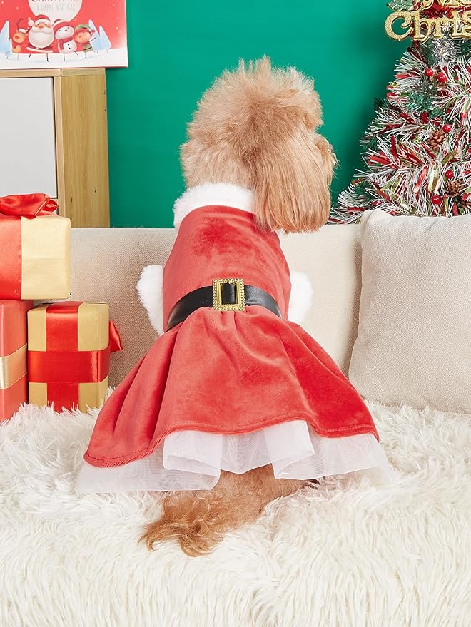 Dog Christmas Dress Santa Costumes: Puppy Girl Dresses Holiday Theme Doggie Xmas Apparel Party Skirts with Belt, Winter Warm Christmas Dog Clothes, Pet Cat Outfit (Red, M)