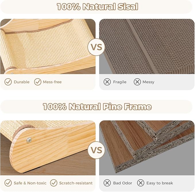 Avont Sisal Cat Scratcher Bed for Indoor Cats, Solid Wood Cat Scratching Lounge, No-Mess Horizontal Scratcher -Large