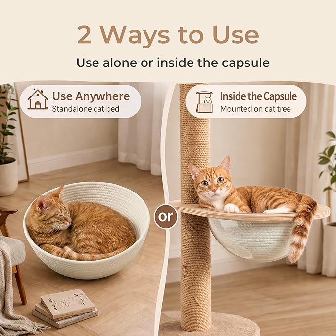 Cotton Rope Cat Bed Mat for Space Capsule, 11.8" Breathable Round Nest Liner, All-Season Warm & Cooling Pet Pad, Washable Scratch-Resistant Bedding for Cat Tree & Clear Bowl