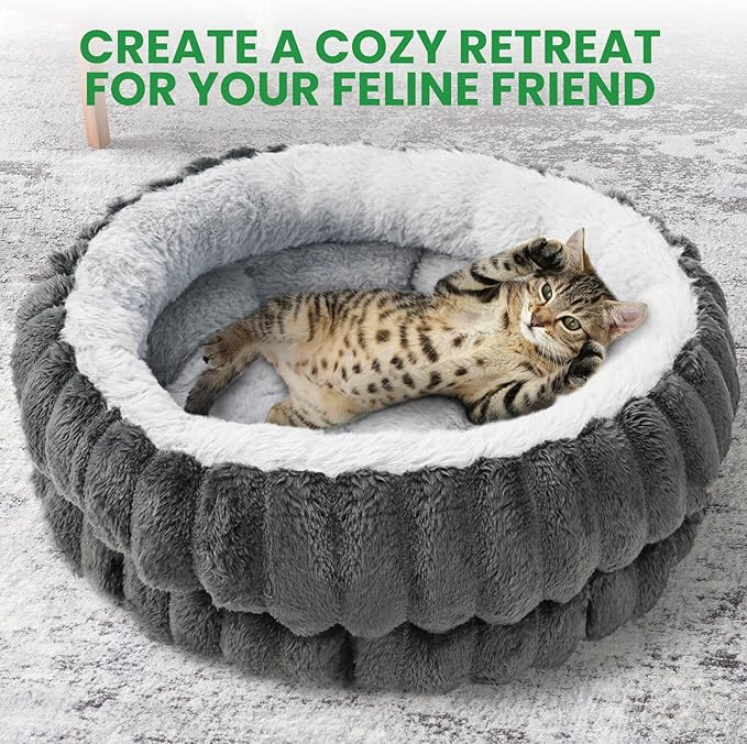 Cat & Dog Bed Kitten Bed,20in Washable Round Cat Beds for Indoor Cats, Super Soft Plush Faux Fur Pet Bed for Puppy and Kitten with Anti-Slip Bottom(Dark Grey)