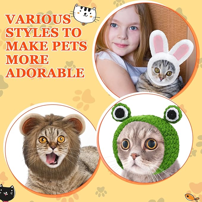 10 Pcs Cat Costumes - Bunny, Bear, Lion, Fruit Shaped Hat - Adjustable Accessory Headwear for Small Dog, Kitten, Puppy - Pet Festival Birthday Theme Party Photo Prop