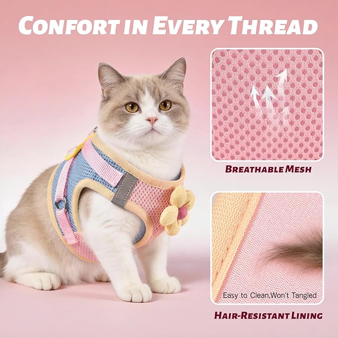 Cat Harness and Leash Set Escape Proof, Step in Mesh Cat Vest Harness with Cute Flower, Reflective Adjustable Kitten Harness and Leash Set for Walking (Pink, S)