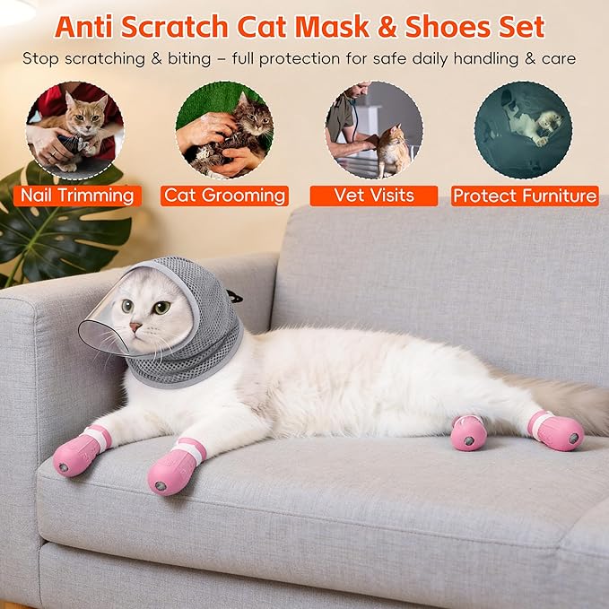 Adjustable Cat Muzzle for Grooming & Biting Prevention, Upgrade Kitten Head Cover,Breathable Anti-Bite Cat Mask with 4 Anti-Scratch Gloves Boots Silicone Shoes for Nail Trim Bath Vet Visit (Grey, M)