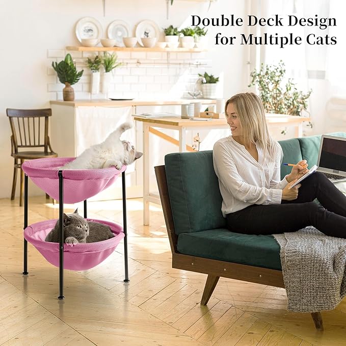 JUNSPOW Double Cat Bed Pink, Breathable Pet Bed for 2 Cats with 4 Adjustable Feet & Anti-Slip Mats, Easy Assembly Cat Hammock for Multi-cat Household, Indoors & Outdoors, 22.8 in x18.7 in x 18.7 in
