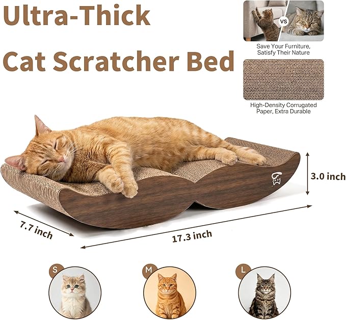 Thickened Cat Scratcher, 17.3'' L x 7.7'' W x 3'' H Double-Sided Cat Scratching Board & Bed for Indoor Cats, Scratch Pad to Protect Furniture, 1 Pack