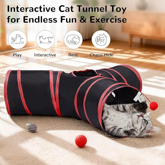 Tempcore Cat Tunnel for Indoor Cats, 3-Way Collapsible Play Tunnel with Teaser Wand, Peek Holes & Toy Ball, Small Pet Toy for Kittens & Rabbits, Black & Red