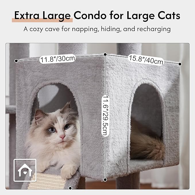XXL Large Cat Tree Tower 70in Tall Heavy Duty Cat Tree for Maine Coon and Big Cats 20 lbs+,Enlarge Top Bed and Hammock, 2 Oversized Condo House with Scratching Posts-Grey