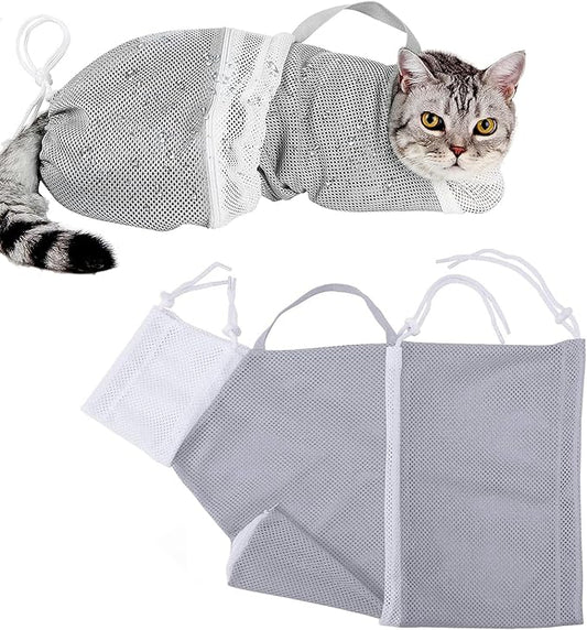 Adjustable Cat Bathing Bag, Puppy Dog Pet Cleaning Shower Net Bag, Anti-bite & Anti-Scratch Cat Bath Washing Restraint Bag, Breathable Mesh Cat Grooming Bag (Grey)