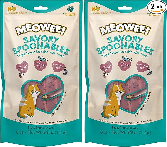 MEOWEE! Savory Spoonables with Real Salmon, Tuna & Krill, 8 Count Tube, Triple Flavor Squeezable Lickable Wet Treats for Cats with Built-in Spoon for Less Mess (Pack of 2)