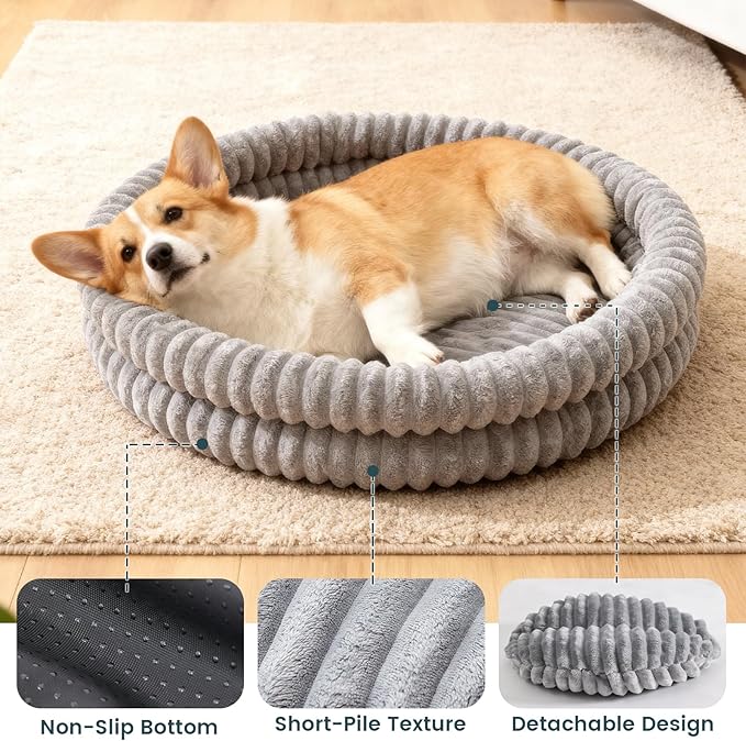 Small Dog Beds, Machine Washable Donut Large Cat Beds for Indoor Cats, Fluffy Round Pet Bed with Anti-Slip Bottom for Puppy and Kitten, Gray, 28"x28"x5"