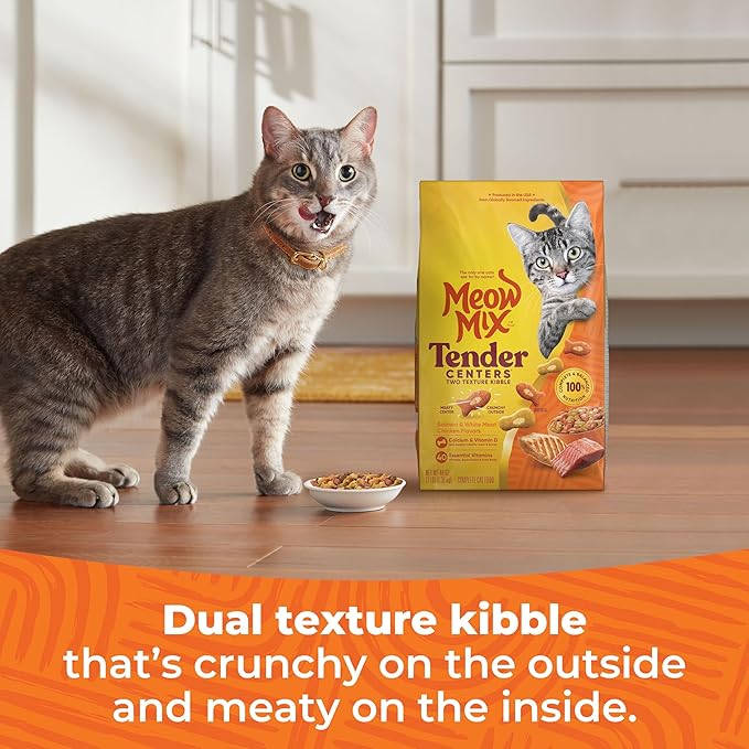Meow Mix Tender Centers Dry Cat Food, Salmon & White Meat Chicken Flavors, 3 Pound Bag (Case of 4)