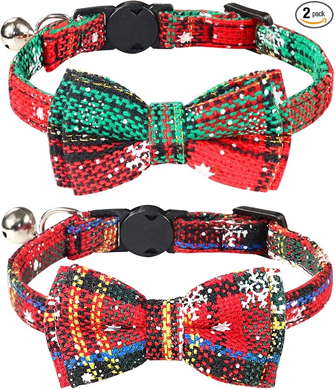 Joytale 2 Pack Christmas Cat Collar with Bells, Breakaway Cat Collars with Bow Tie, Girl Boy Safety Plaid Kitten Collars, Christmas Red+Green