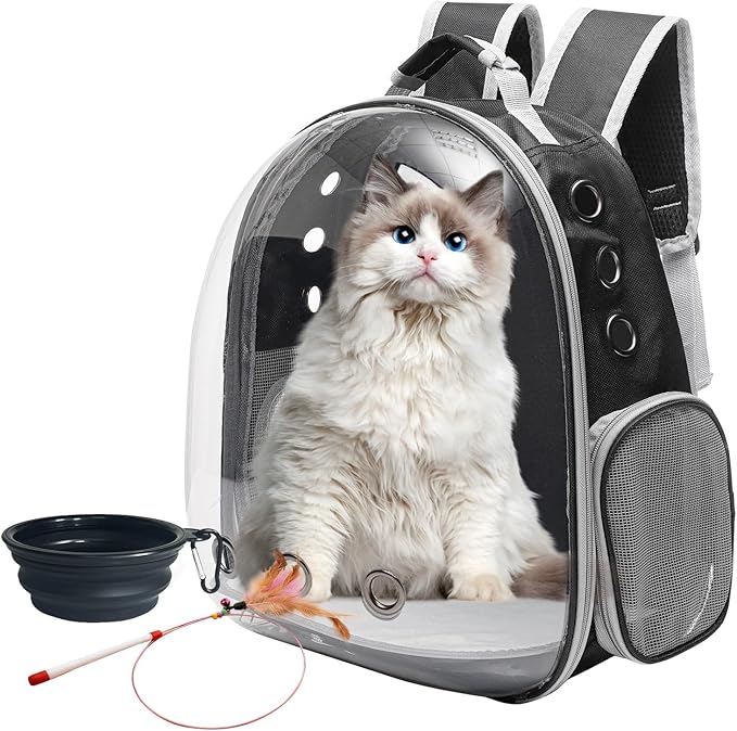 Vivicreate Large Cat Backpack Carrier with Folding Bowl and Teaser Stick for Cats up to 20lbs with Ventilation and Padded Straps Mochila para Gatos transportadora mascotas (Black)