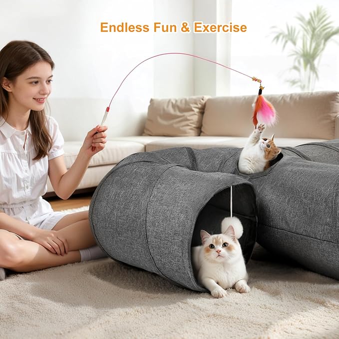Ownpets Cat Tunnel Large 3 Way Collapsible Cloth Pet Tunnel Tube with Plush Ball & Feather Toy, U-Shaped Cat Play Tunnel for Indoor Cat, Puppy, Kitty, Kitten, Rabbit(Gray)