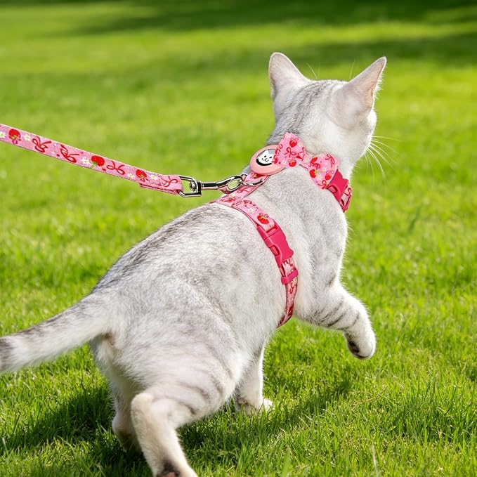 EXPAWLORER Cat Harness and Leash Set with AirTag Holder, Escape Proof Safe Lightweight Adjustable Soft Kitten Harness Set with Bowknot for Small Medium Large Cat Walking Travel Outdoor, Strawberry