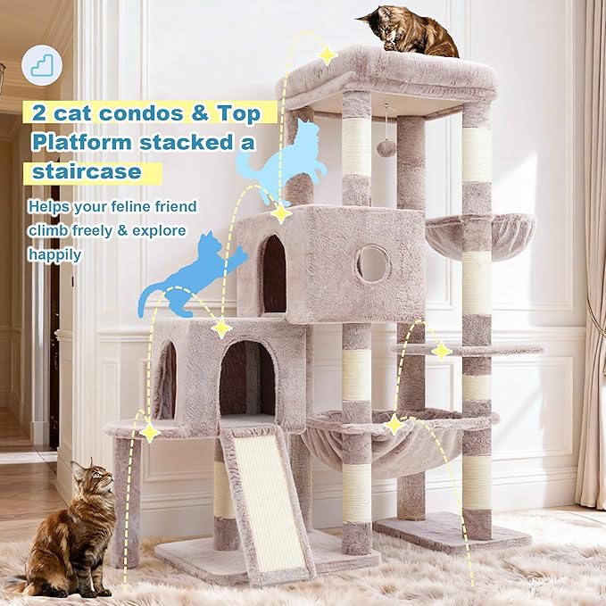 Hey-brother Cat Tree Tower, Scratching Posts with Big Platform, 2 Condos, Spacious Hammock, Cozy Basket, Sisal Board for Indoor Large Adults, 50 Inches Progressive Climbing House, Muchroom MPJ071MU