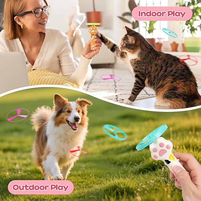 Cat Fetch Toy for Yard Chase, Rechargeable Flying Disc Launcher with 6 Flying Discs, Interactive Cat Hunting Toys for Outdoor & Indoor (White)