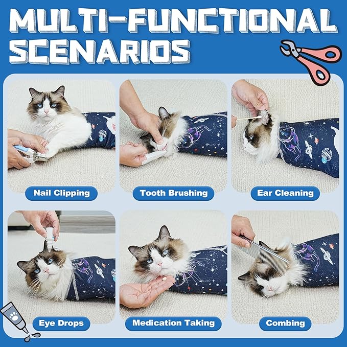Supet Cat Grooming Wrap for Cutting Nails, 2026 Self-Adherent Cat Wrap, Anti-Escape Calming Cat Swaddle Wrap for Medicine, Nail Clipping, Teeth Brushing, Ear Cleaning (Space, L)