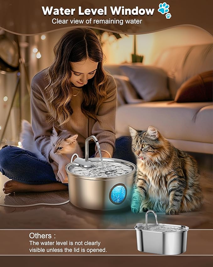 Stainless Steel Cat Water Fountain: Tomxcute 3.2L/108oz Cat Fountain for Drinking, Pet Water Fountain for Cats Inside with Multi-Filter-Water Level Window