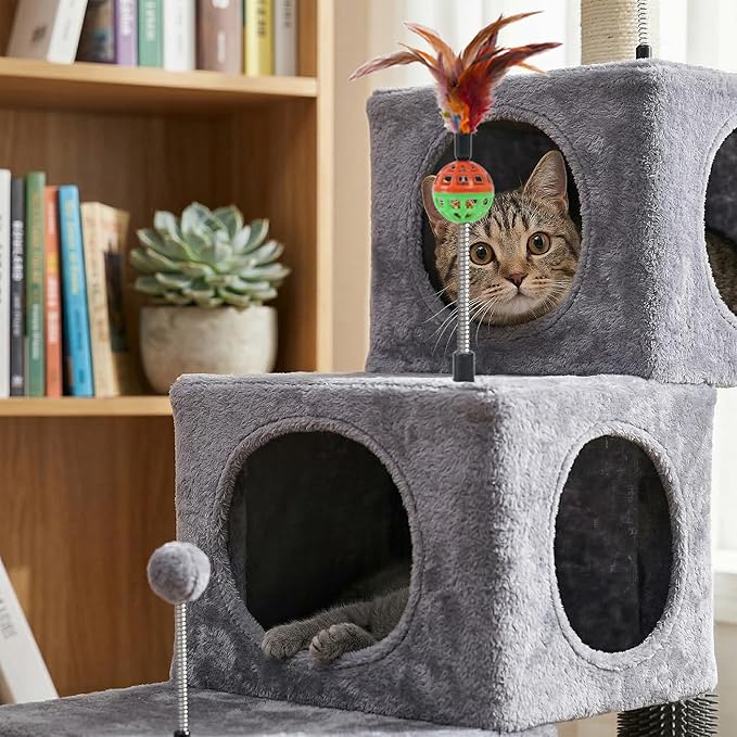 Cat Tree Tower for Indoor Cats, Cat Tree with 3 Spacious Cat Houses & Condos, Full Sisal Scratching Posts and Cat Scratcher Toys, Grey