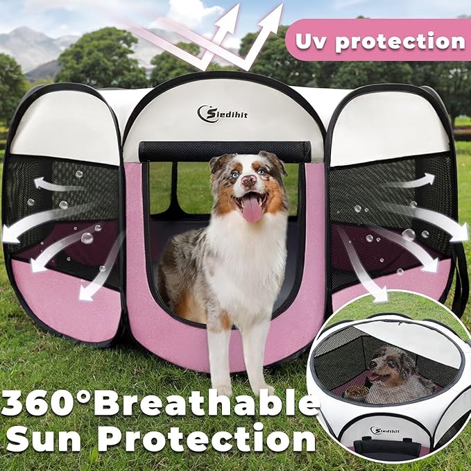 Siedihit Pink Puppy Playpen for Large Dog Cat, Dog Tent Crates Cage Indoor/Outdoor, Portable Pop Up Dog Kennel with Carrying Bag for Rabbits, (Pink, Large)