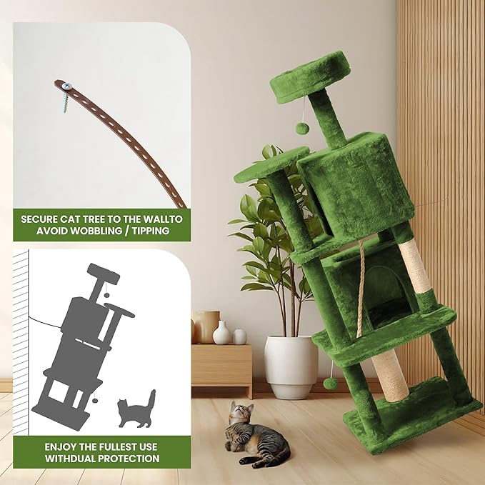 59in Large Cat Tree Tower for Indoor Cats with Soft Plush Hang Ball, Two Condos, Sisal Scratch Posts & Rope Play for Kittens/Adult Cats, Green