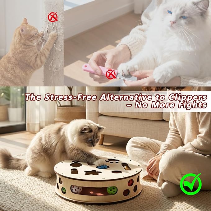 Cylindrical Cat Nail File Box, Wooden Cat Scratch Puzzle Enrichment Box with Sandpaper & 3 Bell Balls, Interactive Cat Scratcher for Nail Trimming, Stress-Free Alternative to Clippers for Indoor Cats