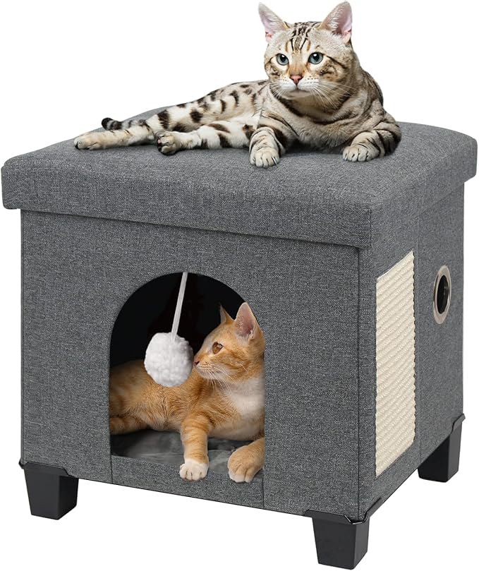 BRIAN & DANY Cat Beds for Indoor Cats,Cat Cave House for Kitten with Scratch Board & Ball, 14.7” x 12.7” x 14.1”, Gray