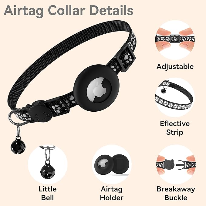 Meliya Airtag Cat Collar Breakaway with Bell, Adjustable Reflective Pet Kitten Collar with Apple Air Tag Holder Case for Girl Boy Cats (Footprints Black)