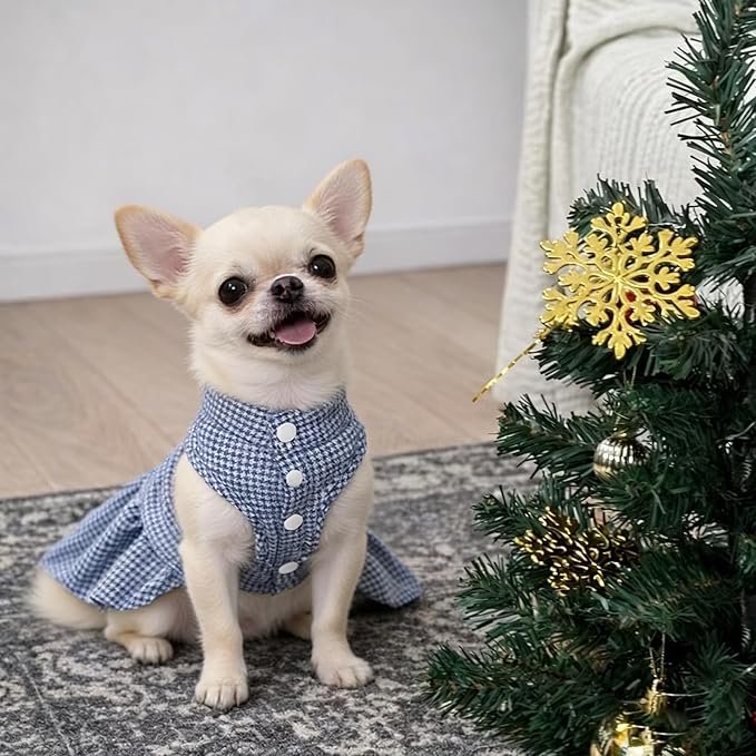 Classic Plaid Dog Dress with Bow Tie for Small Dogs Cats Girls, Cute Puppy Dresses Clothes with Bowknot Chihuahua French Bulldog Pet Apparel Outfits (Blueberry Blue, Medium)