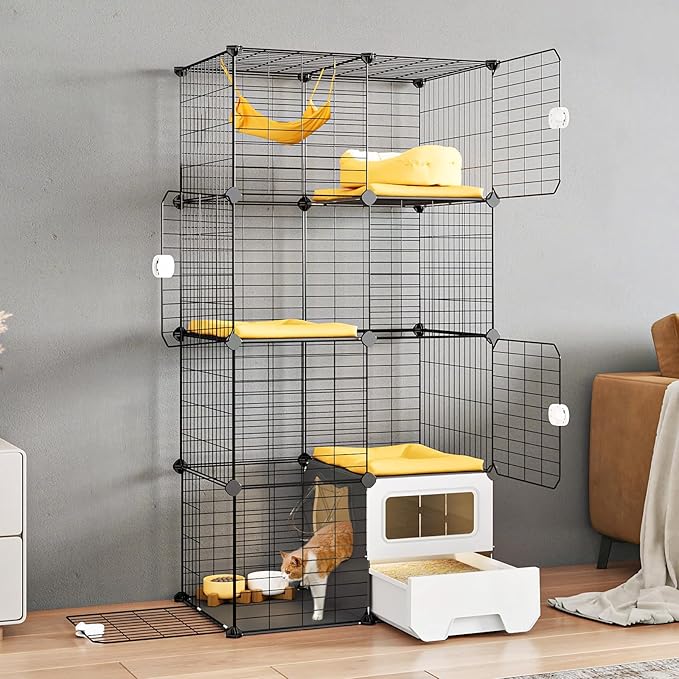 Oneluck Cat Cage Indoor with Litter Box 3-Tier DIY Cat Playpen Detachable Metal Wire Kennel Crate Large Exercise Place Ideal for 1-2 Kitty