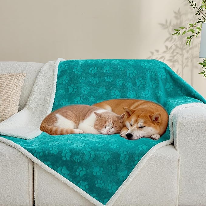 Qeils Pet Blankets for Cats - Waterproof Cat Blanket Washable - Sherpa Fleece Puppy Blanket, Soft Plush Reversible Throw Protector for Bed Couch Car Sofa, 30"X40", Teal