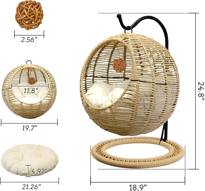 BROWN-BROWN Handmade Wicker Hanging Cat Bed – Swinging Egg Chair with Removable Cushion & Hanging Ball, Cozy Cat Hammock for Bedroom & Living Room