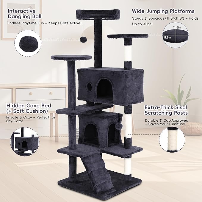 54 inch Cat Climbing Tower - Cat Tree with Jumping Platforms, Cat Condo & Play House for Indoor Cats - Modern Cat Furniture with Scratching Surfaces - Dark Gray