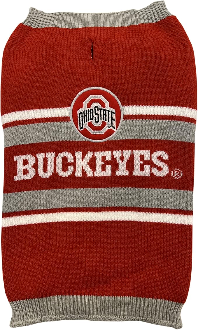 NCAA Ohio State Buckeyes Dog Sweater, Size Large. Warm and Cozy Knit Pet Sweater with NCAA Team Logo, Best Puppy Sweater for Large and Small Dogs