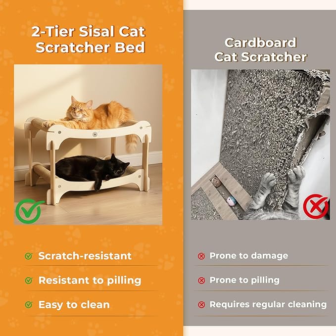 Two-Layer Sisal Cat Scratcher Bed - Large Scratching Board with Lounger Cat Scratch Pad, Sturdy Wooden Scratching Post for Indoor Kittens&Adult Cats, Easy Assemble Elevated Cats Bed Furniture