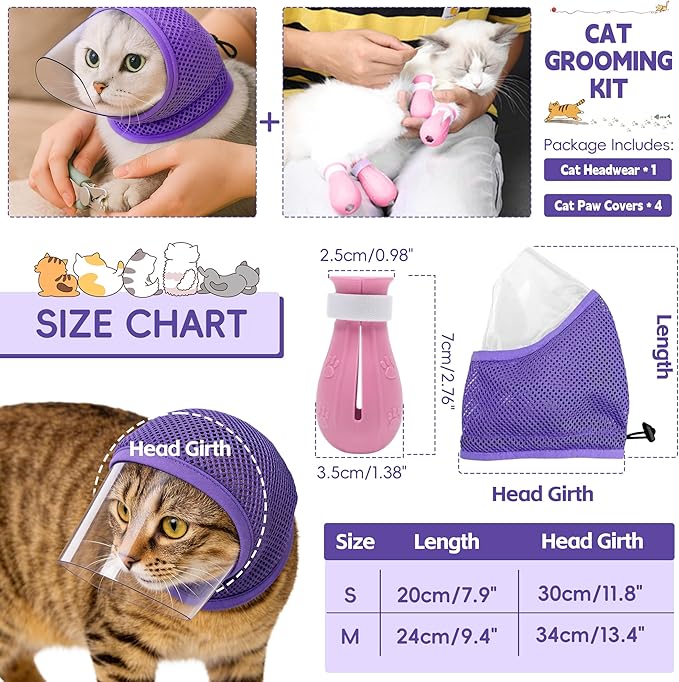 Adjustable Cat Muzzle for Grooming & Biting Prevention, Upgrade Kitten Head Cover,Breathable Anti-Bite Cat Mask with 4 Anti-Scratch Gloves Boots Silicone Shoes for Nail Trim Bath Vet Visit (Purple, M)