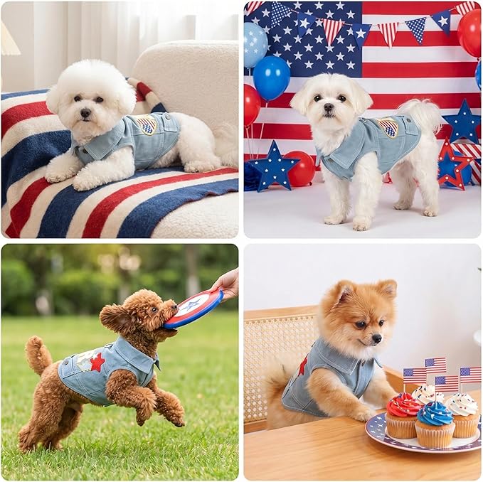 4th of July Dog Denim Vest, Patriotic Dog Outfit with American Flag Patch, Puppy Jacket with D-Ring, Lightweight Clothes for Small Dogs(XS)
