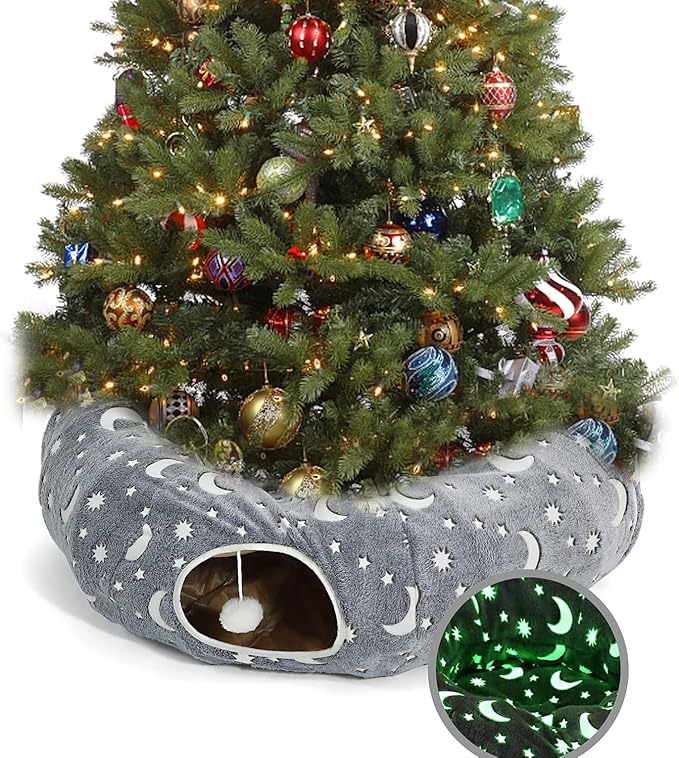 Cat Tunnel Bed Under Christmas Tree with Plush Ball Toy Playground Crinkle Collapsible Self-Luminous Flannel Fabric 3FT for Large Cats Kittens Kitty Small Animals Puppy Grey Moon Star