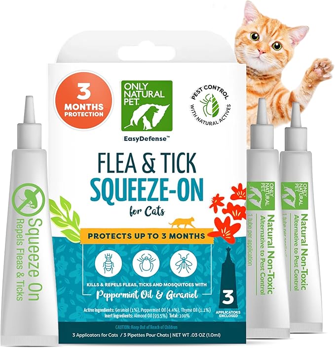 Only Natural Pet Flea and Tick Prevention for Cats - EasyDefense Flea Remedy - Natural Flea Treatment Control Squeeze-On Drops - Tick and Flea Protection - Three Months Supply (Single)