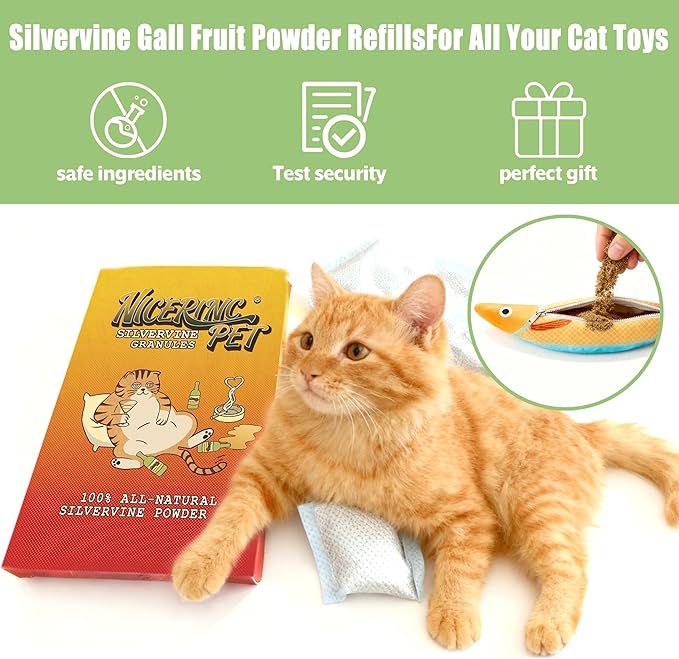 15 Pack Silvervine Powder Packets for Cat Toys,Organic Gall Fruit Powder(Matatabi),Refillable Catnip Toys Biodegradable, Non-GMO, Chemical-Free Refill Packs for Cats