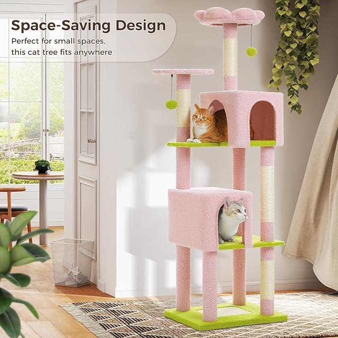 MUTTROS Flower Cat Tree, 62-Inch Tall Multi-Level Cat Tower with Scratching Posts, Cat Condos for Large Indoor Cats, Plush Cat Bed w/Padded Perches, Scratching Pad & 2 Green Pompoms, Pink