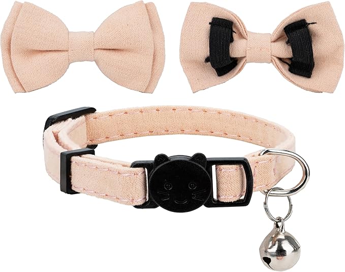 Cat Collar with Bow Tie Bell Breakaway Kitten Small Pet Safety Solid Wedding Basic Pure Color Suede Soft Adjustable [1pc] Pink