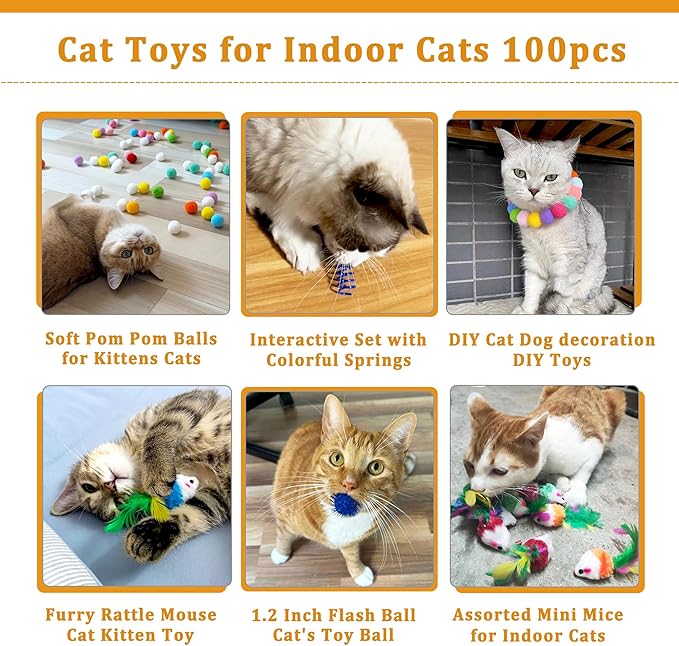 100Pcs Cat Toys Assortment for Indoor Cats, Interactive Kitten Toys Variety Pack with Mice Toys, Sparkle Balls, Soft Pom Poms & Spring Toys, Kitten Starter Kit for Boredom & Exercise