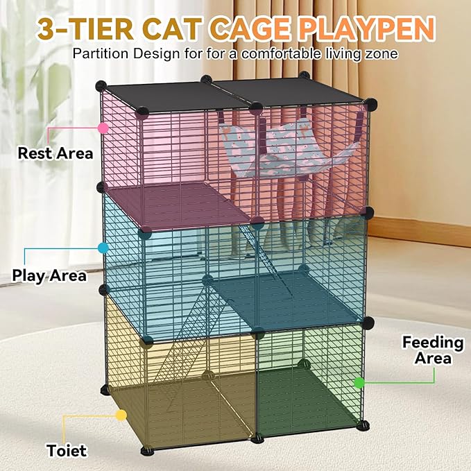 VISCOO Cat Cage, 3-Tier DIY Catio Cat Enclosures, 24" x 16" x 36" Cat Playpen Indoor & Outdoor with Hammock, Detachable Metal Wire Kennel Cats Crate, 2x1x3 Exercise Place for 1-2 Kitten