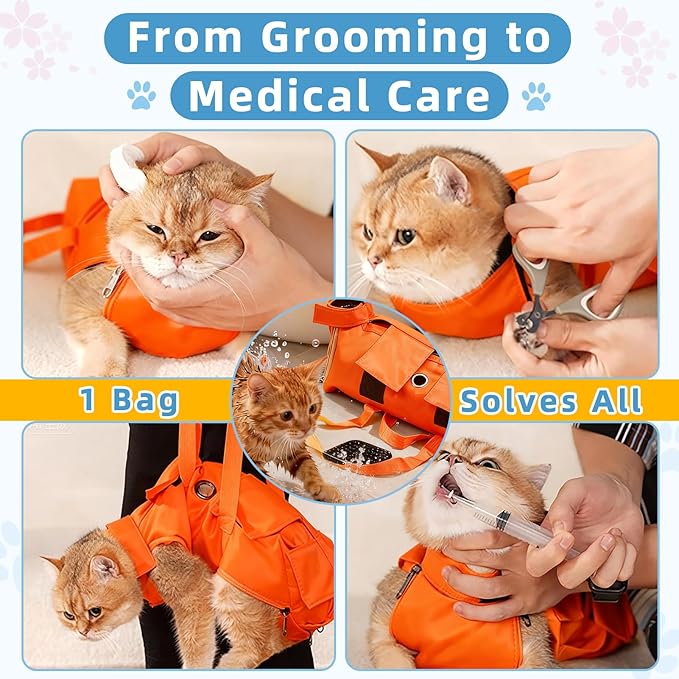 Waterproof Cat Grooming Restraint Bag - Anti-Scratching for Claw Care & Nail Trimming, Ideal for Cat Medical Examination (Pink, L)