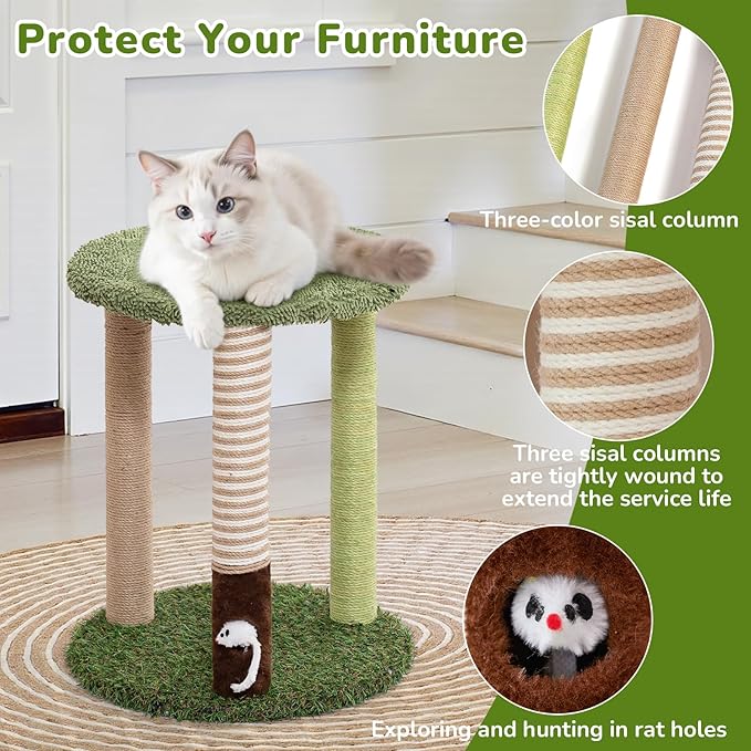 WOOCHPET Cat Tree Tower with 3 Scratcher Posts 17inch Tall Cat Tree Sisal Scratching Posts with Fun Cat Toys for Kitty and Adult Cats Small Cat Tower and Perch Bed for Indoor Cats (Green)