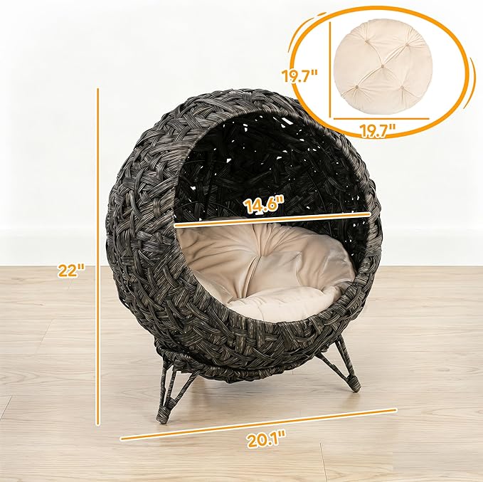PawHut Rattan Cat Bed, Elevated Handwoven Cat Basket Bed with Soft Cushion and Metal Base, Indoor Kitty Furniture, Breathable, for Kittens, Gray